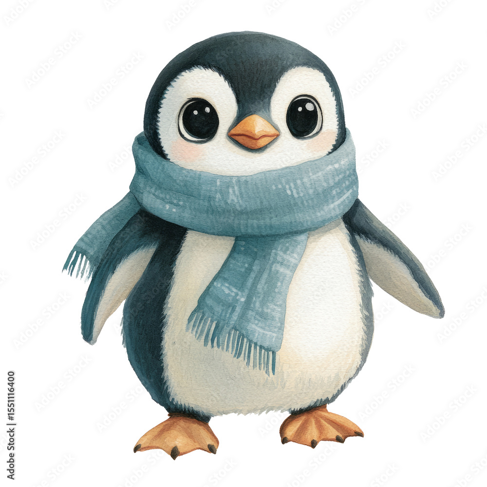 Fototapeta premium Cute penguin in scarf watercolor art transparent background adorable animal design whimsical style
