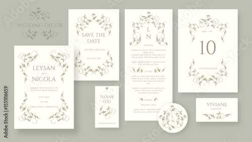 Elegant wedding set. Classical border and frame pattern. Place cards, wedding invitation, table number, save the date, thank you card, menu, sticker.
