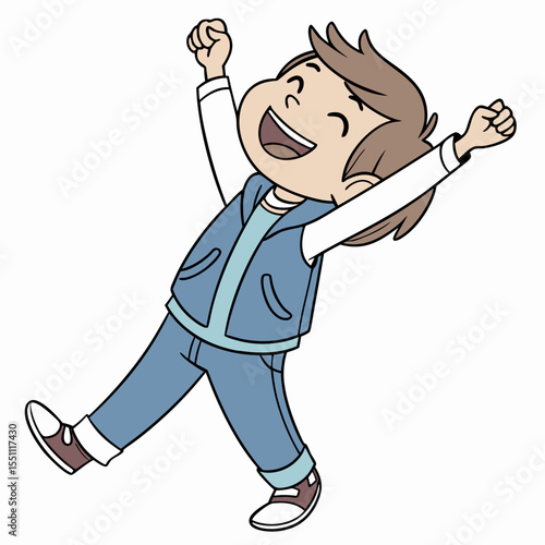 Cartoon Illustration of a Joyful Boy Celebrating with Arms Raised in Exuberance