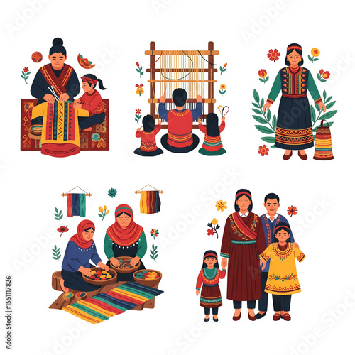 Families engaging in textile arts like embroidery, weaving, and dyeing fabrics – SVG icon set

