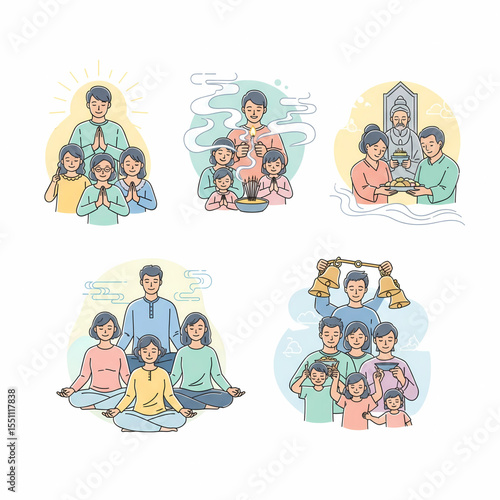 Multigenerational family participating in prayer, incense rituals, and meditation – 5 SVG icon set

