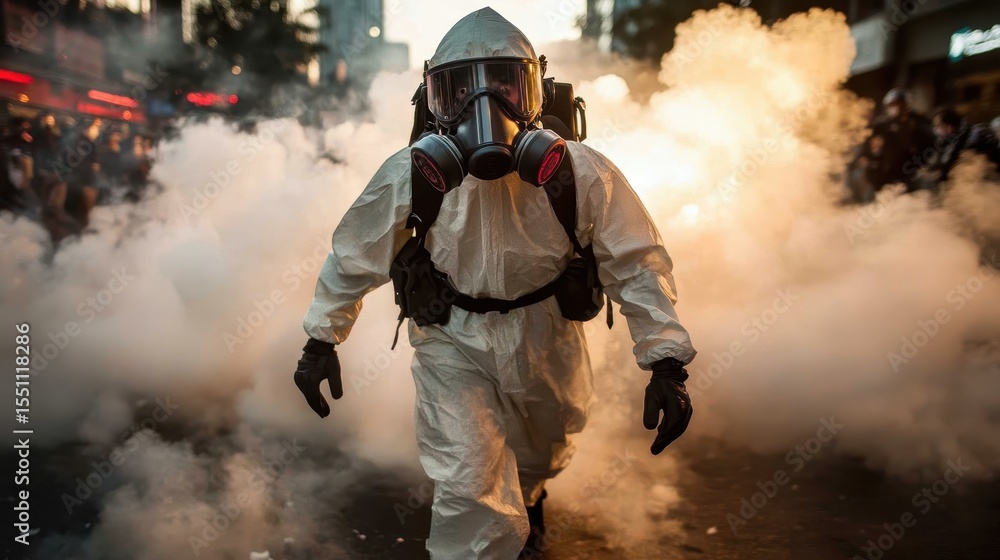 Obraz premium A determined figure in protective gear moves through dense smoke, embodying resilience and courage in a chaotic environment, illustrating the fight for safety.
