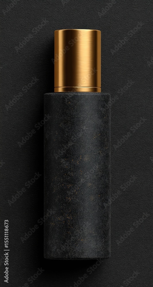 Fototapeta premium Sleek, dark cylindrical bottle with a gold cap, textured surface, set against a black background
