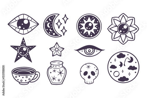 Goblincore Aesthetic Icon Set. Hand Drawn Mystical Clipart with Eyes, Moons, Stars, Skulls, Flowers, and Potions  Clipart Vector Illustration