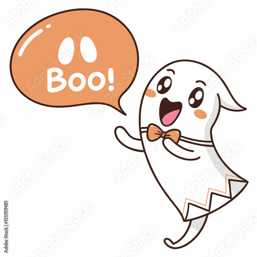Whimsical ghost uttering boo with speech bubble for halloween festive design