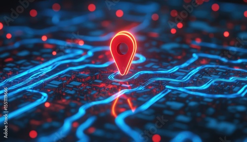 A glowing red location pin icon positioned atop a complex network of circuit paths.  Neon-blue and red illuminated lines crisscross the surface, creating a futuristic city-like cityscape