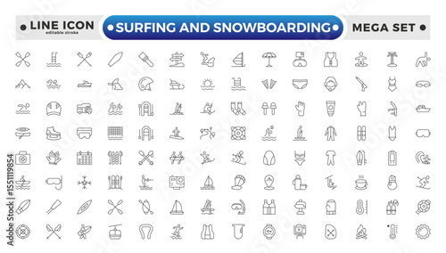 Surfing and Snowboarding Outline Icon Set – Extreme Water and Mountain Sports. Editable stroke outline icon. 
