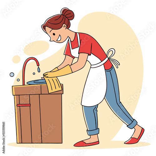 Cheerful woman completing dishwashing tasks, creating a tidy and clean home