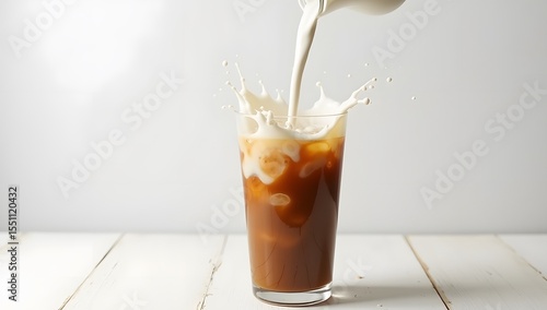 A crisp, high-contrast photograph of a tall glass filled with iced coffee, with a dynamic splash of white milk or cream pouring into it from the top left, creating a dramatic and refreshing visual.