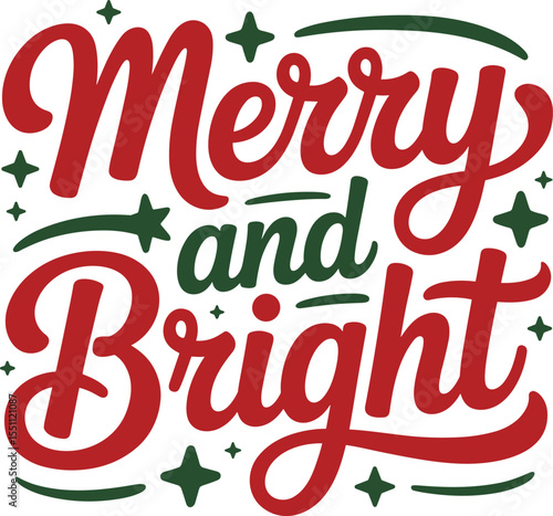 Festive Merry and Bright Christmas Typography Design with Stars