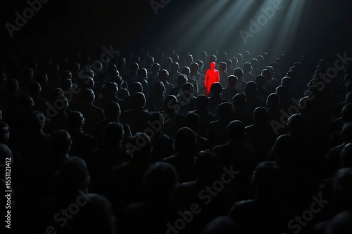 Red person standing in dark crowd of black figures, individuality or courage concept

