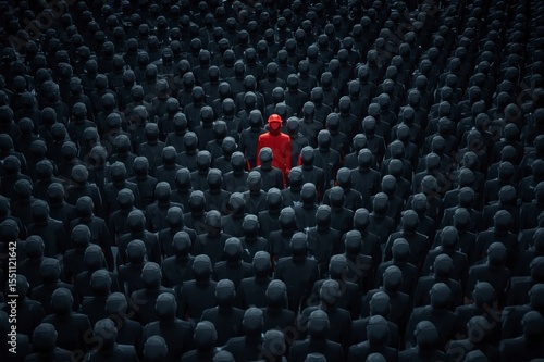 Lone red figurine illuminated in crowd of identical black forms

