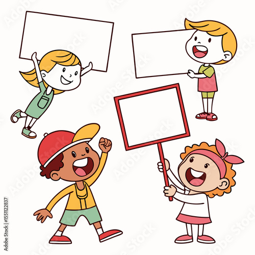 Diverse group of cheerful children holding blank signs, representing youth activism