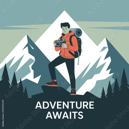 Man with Backpack and Camera Stands on Mountaintop Adventure Awaits Snowy Peaks Teal Green Forest Landscape Illustration