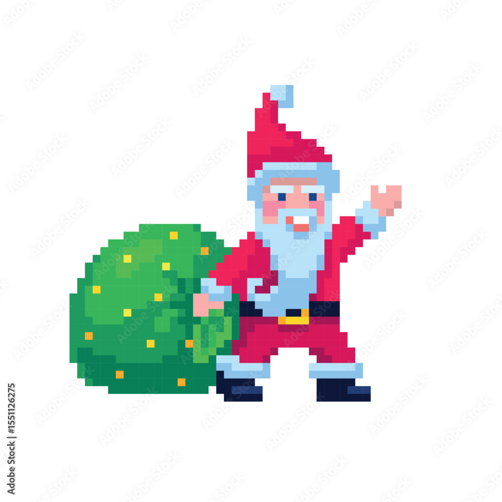 Obraz premium Pixel art 8-bit vector Santa Claus character holding a Christmas gift sack on white background festive retro style winter holiday sprite illustration perfect for video game design