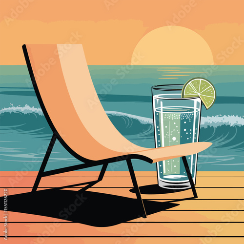 Mid Century Modern Beach Scene Sunset Orange and Teal Tones Deck Chair Glass Sparkling Water Lime Wedge Ocean Waves