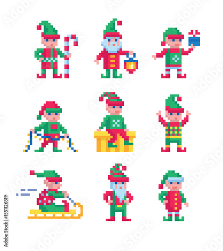 Pixel art 8-bit vector set of Christmas elves in unique poses festive winter holiday cute characters pixel sprite set perfect for game and digital projects