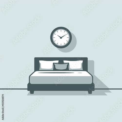 Minimalist Bedroom Interior Design Featuring a Dark Teal Bed with White Pillows and a Round Wall Clock