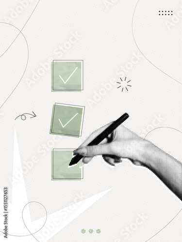 Trendy Halftone Collage Hand with pen and check list. Questionnaire concept. Survey form. Management to do list with tick. Organized task processing. Project plan. Contemporary vector illustration art