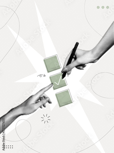 Trendy Halftone Collage Hand with pen and check list. Questionnaire concept. Survey form. Management to do list with tick. Organized task processing. Project plan. Contemporary vector illustration art