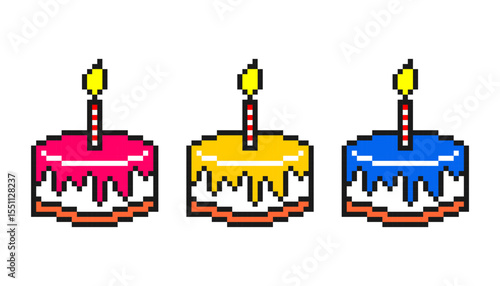 Pixel art birthday cakes with candles in colorful 8-bit style.