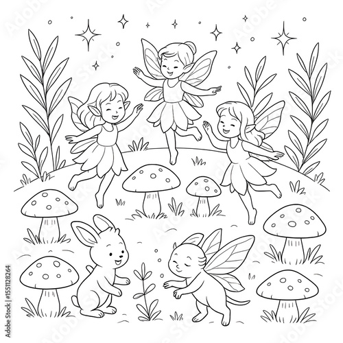 Wallpaper Mural Three cute fairies dancing in a magical forest with mushrooms, a bunny and a kitten with wings, black and white illustration for coloring book Torontodigital.ca
