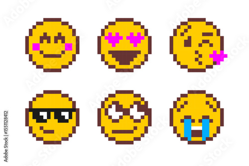 Pixel art emoji set with various facial expressions. Retro 8-bit style icons perfect for games and digital design.
