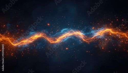 Abstract energy flow, orange and blue,  with particles
