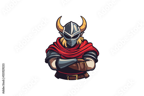 Illustration of a viking warrior with horned helmet and red cape design