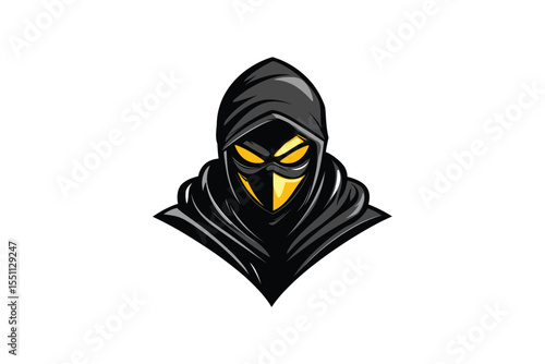 Illustration of a hooded figure with yellow eyes and face covering mask