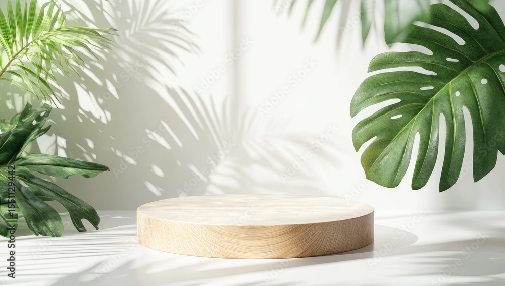 Light-filled, minimalist scene with a light-brown wooden circular platform amidst lush tropical greenery Light-filled, minimalist scene with a light-brown wooden circular platform amidst lush tropical greenery