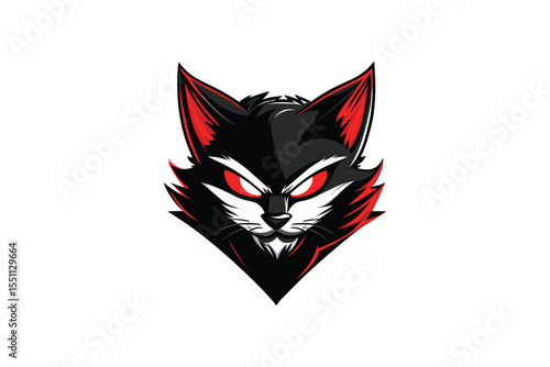 Illustration of a black and red cat head with glowing red eyes isolated