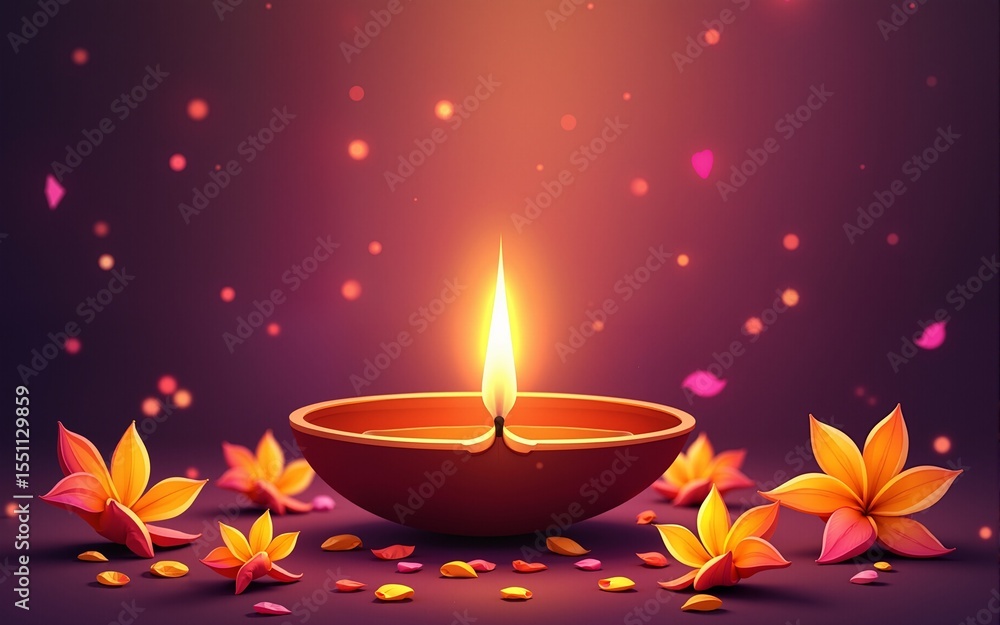 Diwali with a lit diya candle, surrounded by vibrant flowers and petals, symbolizing the triumph of light over darkness. Greeting card design template. High quality Diwali with a lit diya candle, surrounded by vibrant flowers and petals, symbolizing the triumph of light over darkness. Greeting card design template. High quality