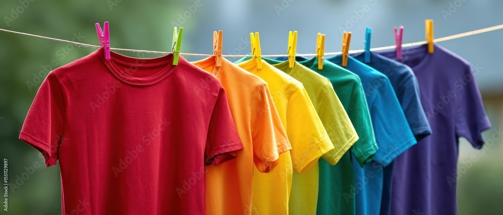 Obraz premium The colorful array of freshly hung t-shirts drying in the sunlight.