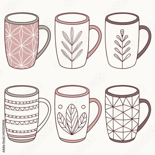Stylized mugs collection with decorative patterns for beverage enjoyment moments