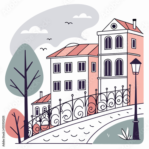 Quaint European townscape illustration evokes a sense of historical charm and serenity