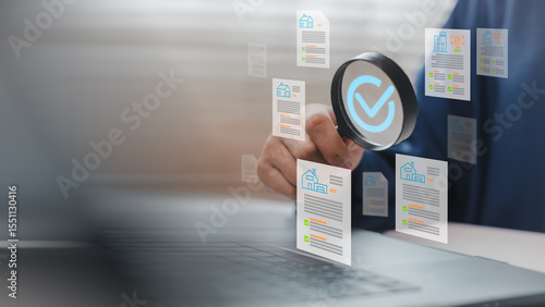 Tableau sur toile Businessperson inspecting digital property documents with magnifying glass icon and checklist interface on laptop screen