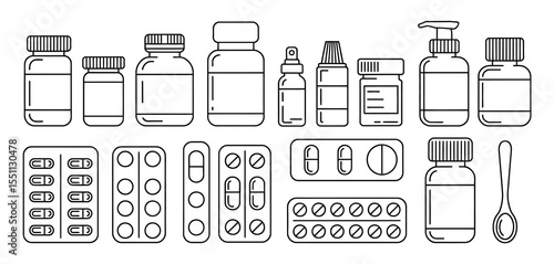 Outline Illustrations of Medicine Bottles and Pill Packs