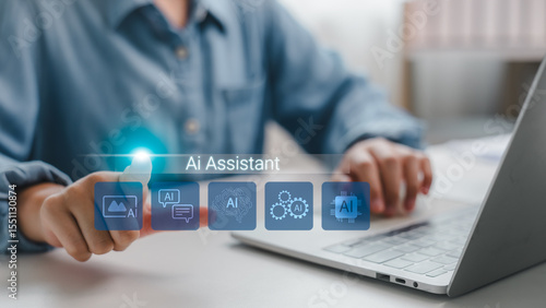 Person using AI assistant interface on laptop with digital icons, concept of artificial intelligence in everyday life, smart technology, and virtual assistant productivity tools.