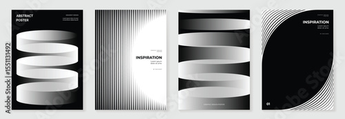 Abstract monochrome poster background vector set. Modern cover template with black and white perspective geometric prism shape, halftone dot, line. Ideal design for social media, banner, ads.
