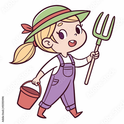 Cartoon character girl enjoying gardening with tools and colorful attire happily