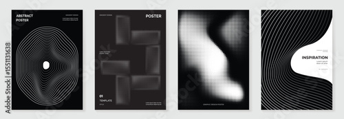 Abstract monochrome poster background vector set. Modern cover template with black and white perspective geometric prism shape, halftone dot, line. Ideal design for social media, banner, ads.
