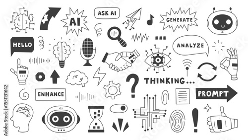 AI Interface Doodles Set. Hand drawn icons of artificial intelligence, robots, brains, circuits, prompts, tech tools for technology, Chabot, assistant and machine learning designs. Vector illustration