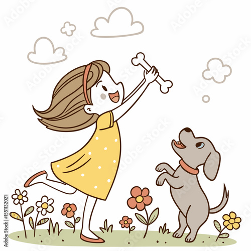 Playful cartoon illustration of a girl tossing a bone to an eager dog