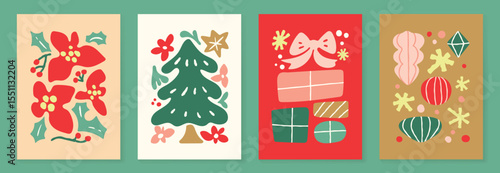 Merry christmas and Holidays wall art vector set. Wallpaper hand drawn with holly, tree, gift, bauble ball. Art design for card, poster, cover, banner, interior.