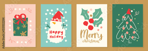 Merry christmas and Holidays wall art vector set. Wallpaper hand drawn with gift, snowman, holly berry, tree. Art design for card, poster, cover, banner, interior.