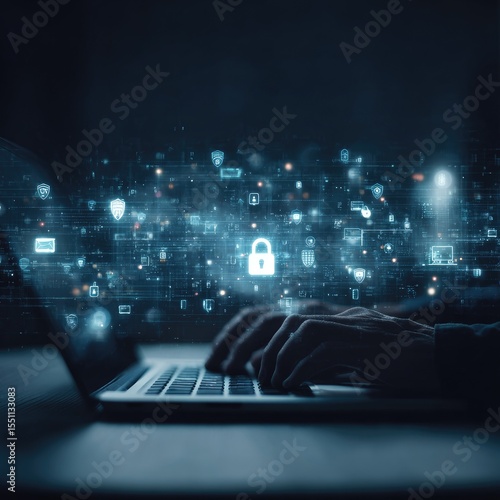 Dark room, hands typing on laptop, glowing digital security icons and padlock emerge from keyboard