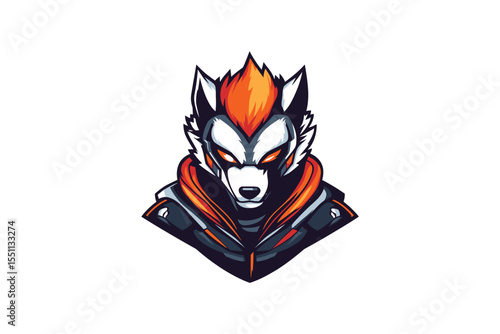 Illustration of a stylized wolf character with glowing orange eyes