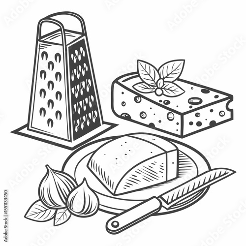 Whimsical monochrome illustration: Food preparation with cheese and fresh figs