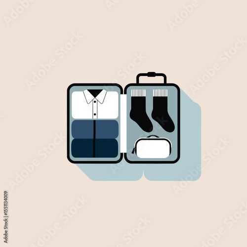 Open Suitcase Packed with White Shirt Folded Clothes Dark Socks and Toiletry Bag Flat Lay Illustration Minimalist Style Travel Packing Beige Background